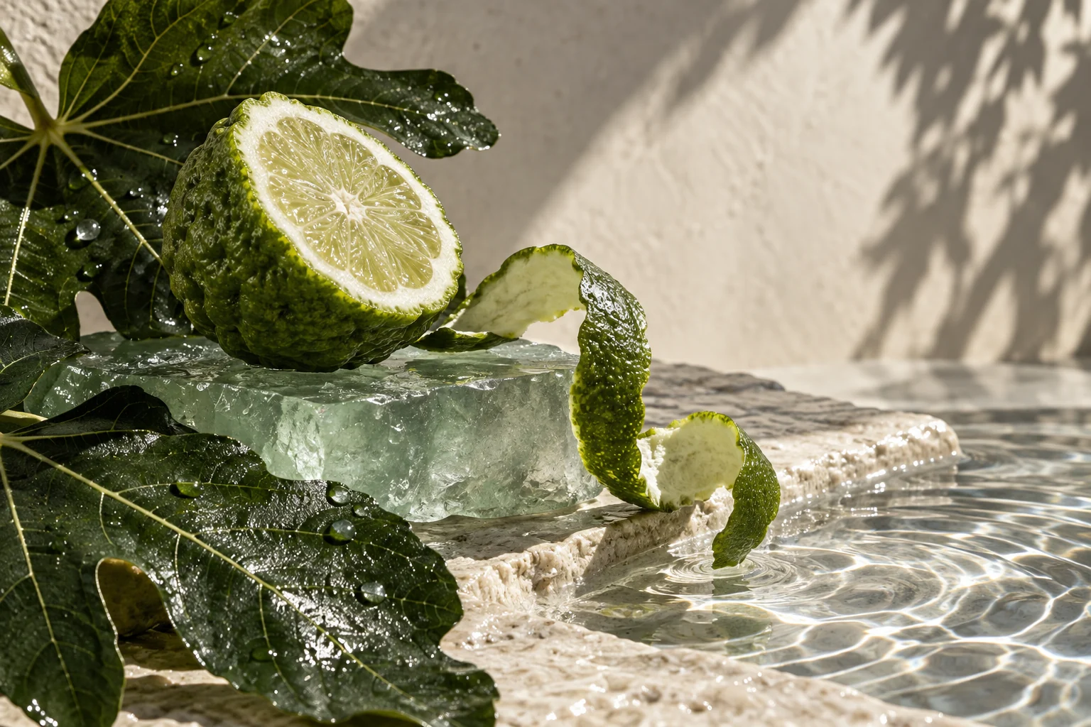 Green leaves, water and glass