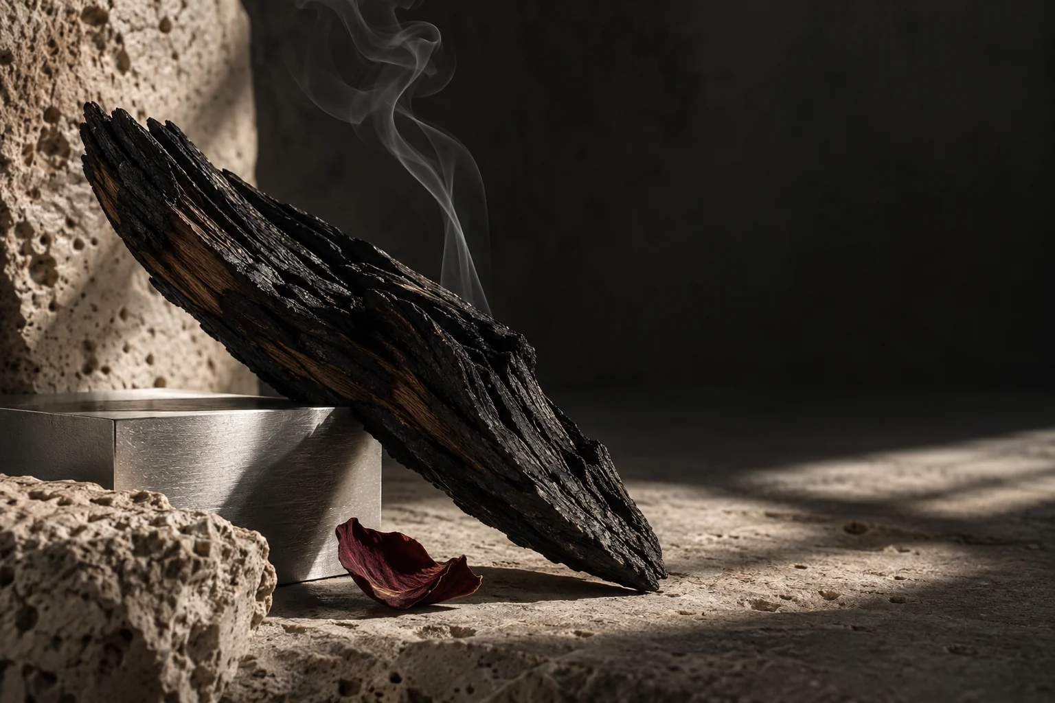 Charred cedar, smoke and a rose petal on limestone
